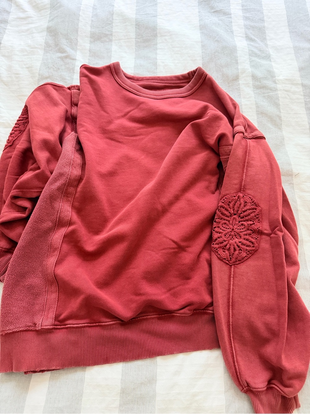 Womens Crewneck Sweatshirt with Lace Elbow Patch - Red-orange